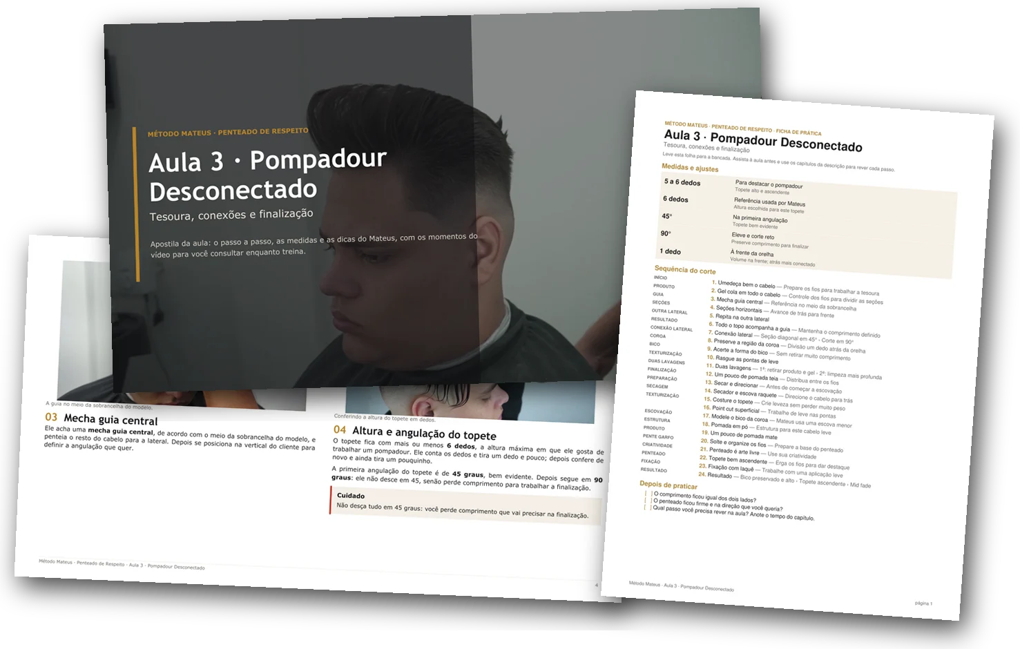 Capa e página da apostila do Pompadour Desconectado e a ficha de prática da mesma aula
