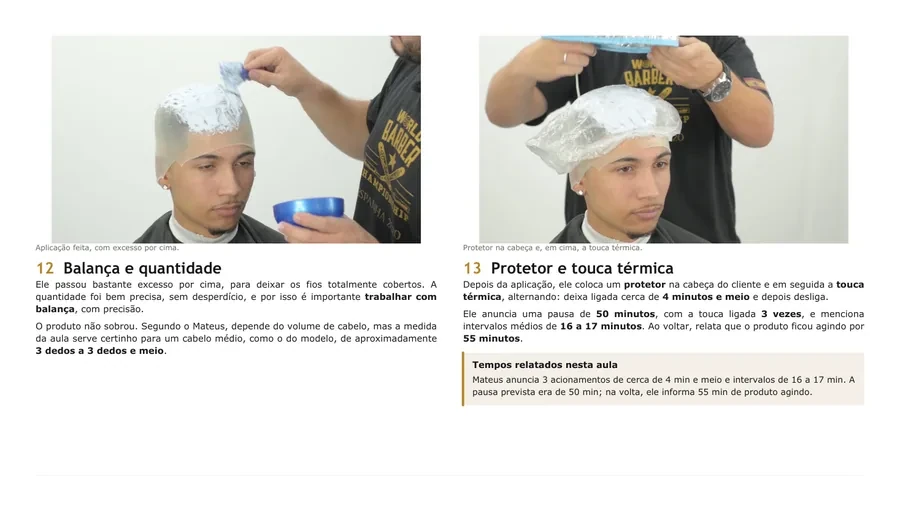 Página da apostila da Aula 03 com a touca térmica e os tempos